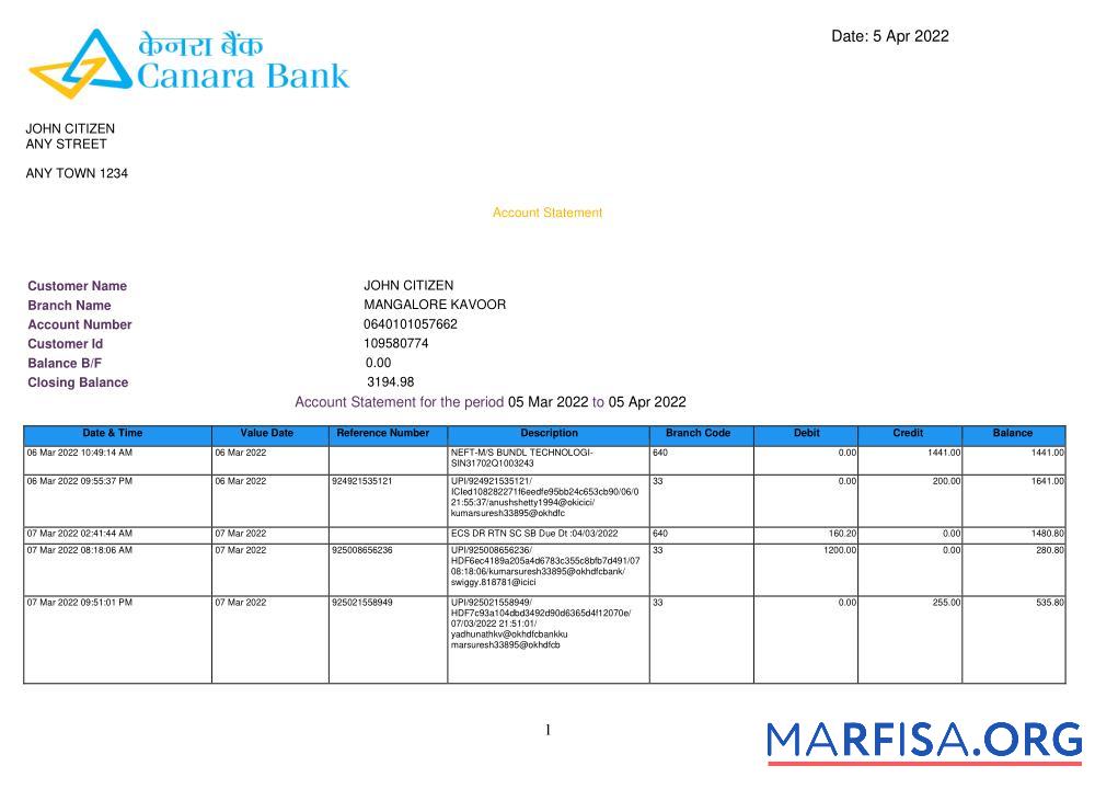 Blank INDIA CANARA bank statement word version 3 template